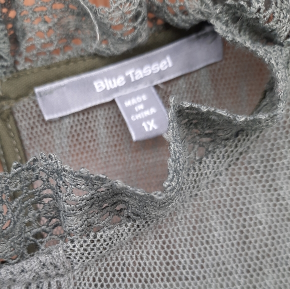 Blue Tassel Green Sheer Short Sleeve Top Size 1X - Picture 2 of 5